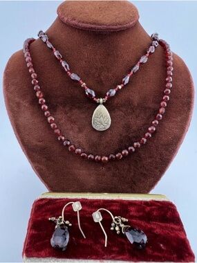 Handmade Garnet Bead Necklace & Drop Earrings Set - Deep Wine Red